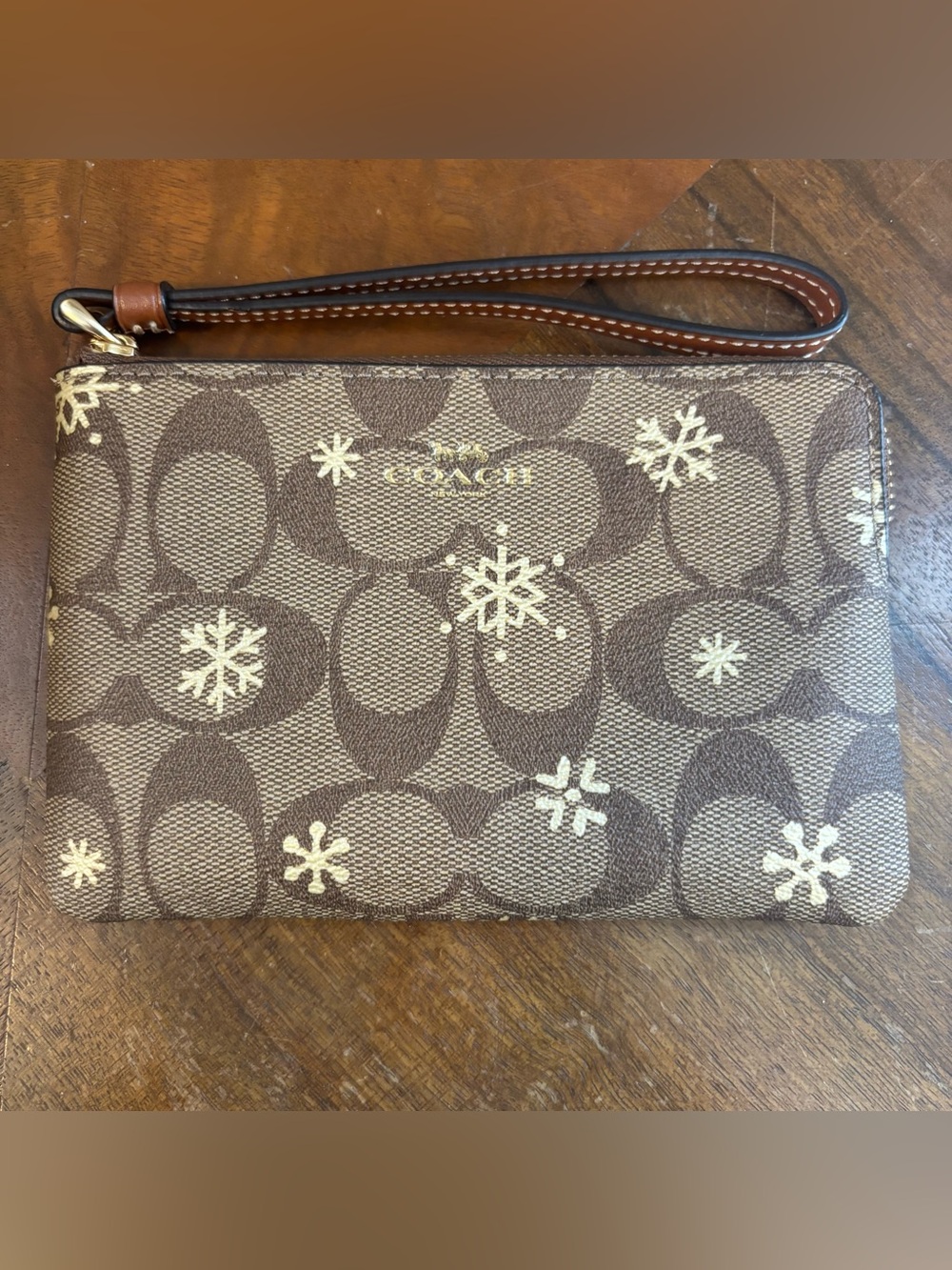 Coach Signature Brown Canvas Gold Snowflake Corner Zip Wristlet Wallet